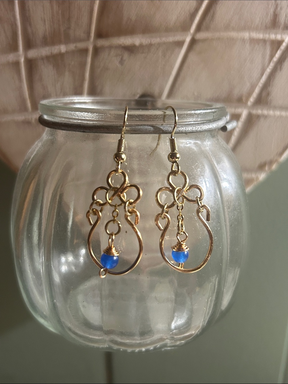 Gold Filigree Drop Earrings with Cobalt Blue Jade Bead OOAK